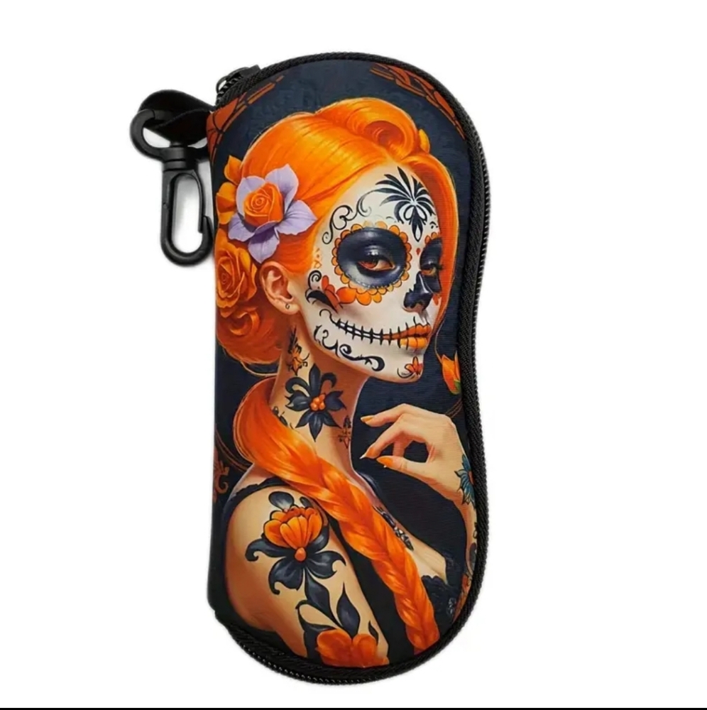 Women's Ultra-Lightweight Eyeglass Case Orange Witch Floral Skull Design